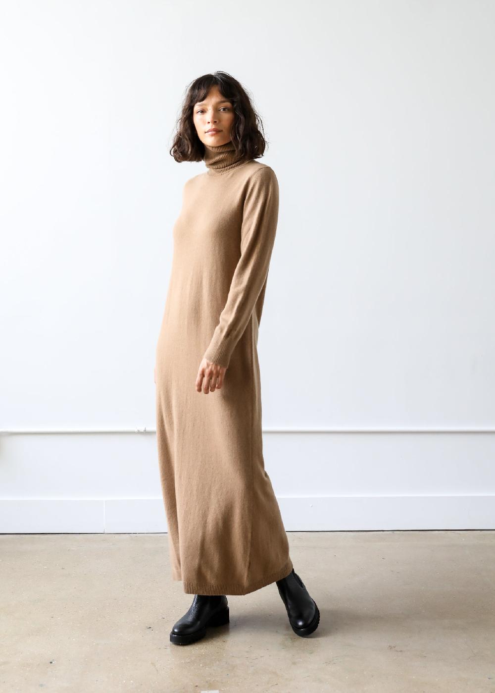 Estella Lucia Turtleneck Dress In Camel Cashmere