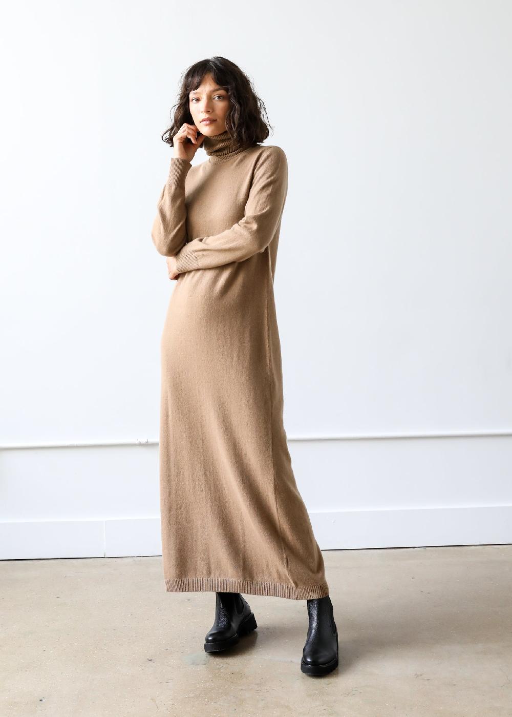 estella Lucia Turtleneck Dress in Camel Cashmere