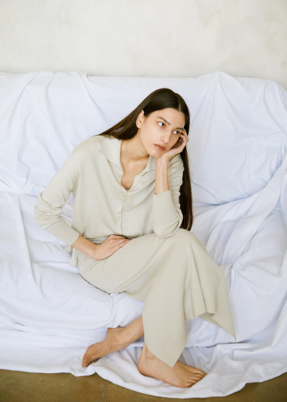 Estella Uma Knit Button Up Shirt In Ecru