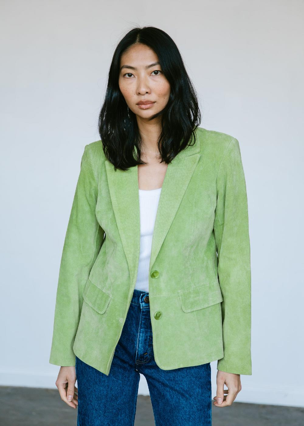 Estella Vintage Suede Blazer Jacket In Lime Green