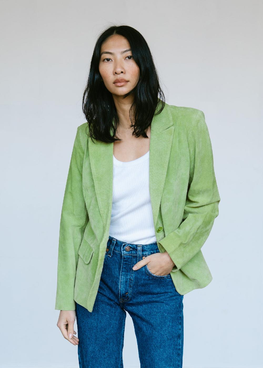 Estella Vintage Suede Blazer Jacket In Lime Green