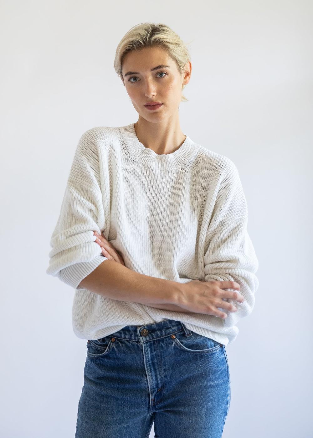 estella Fiorella Cotton Cashmere Crewneck Sweater in Pearl
