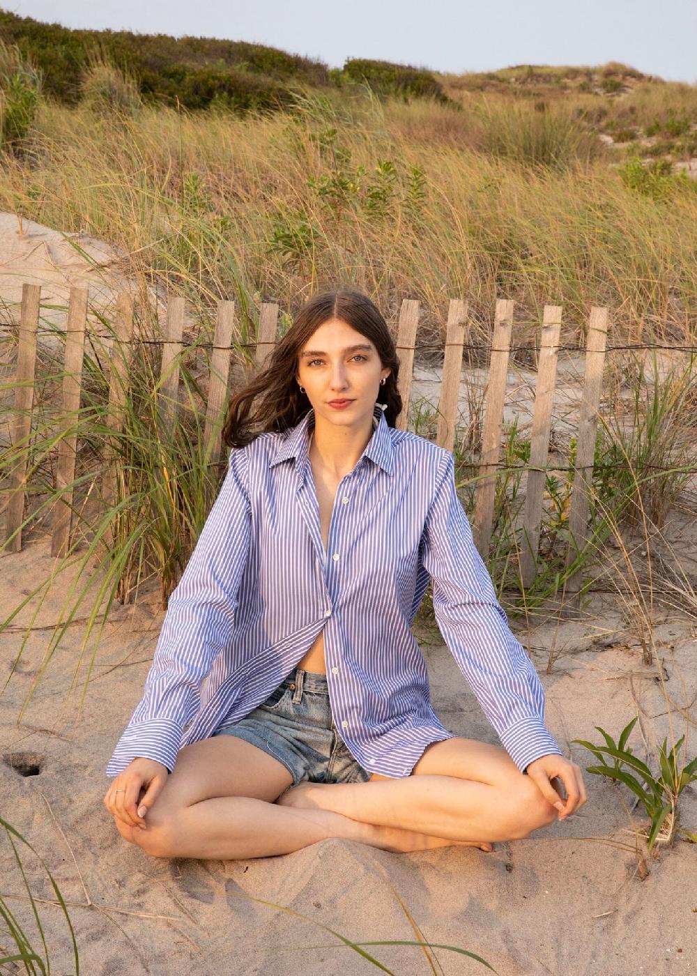 Estella Gemma Button Up Shirt In Cornflower Stripe Cotton Poplin