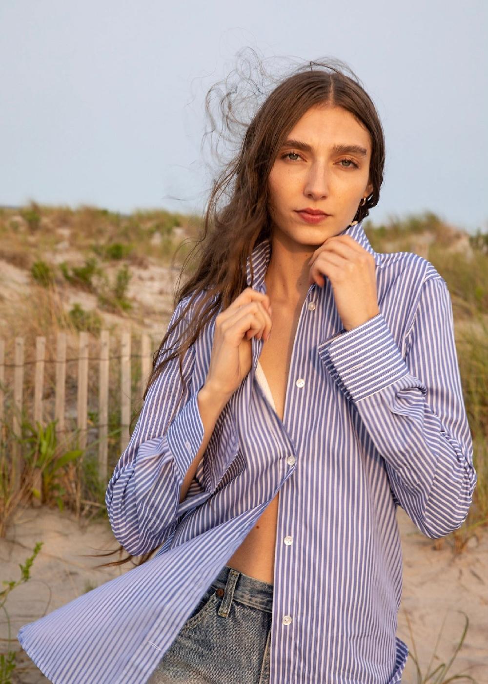 Estella Gemma Button Up Shirt In Cornflower Stripe Cotton Poplin
