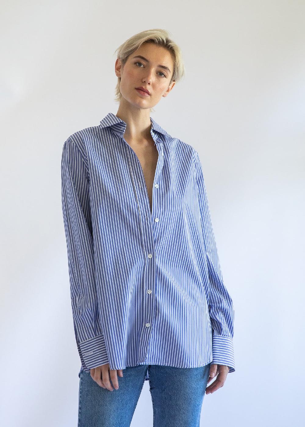 estella Gemma Button Up Shirt in Cornflower Stripe Cotton Poplin