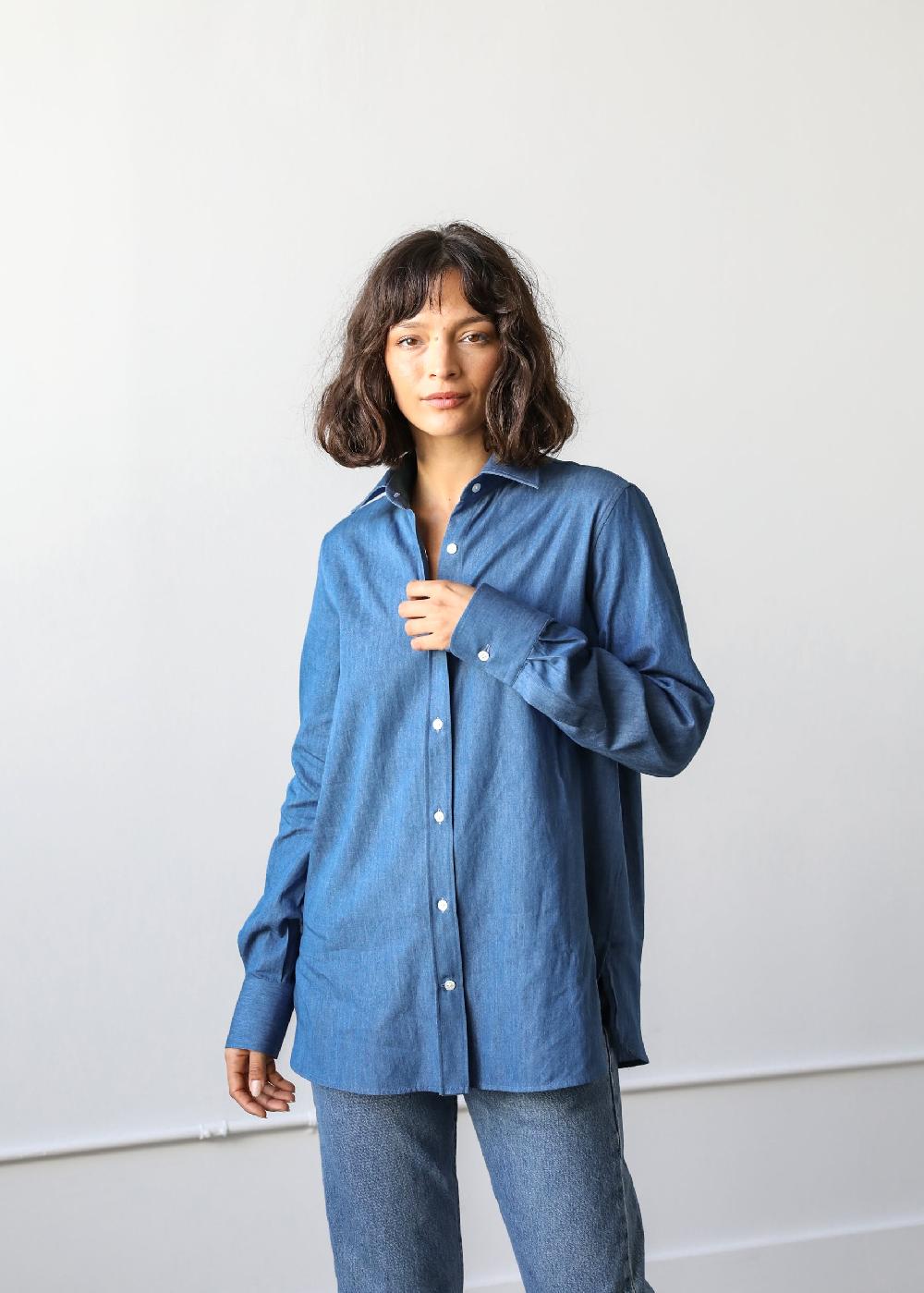 Estella Gemma Button Up Shirt In Denim Twill Cotton