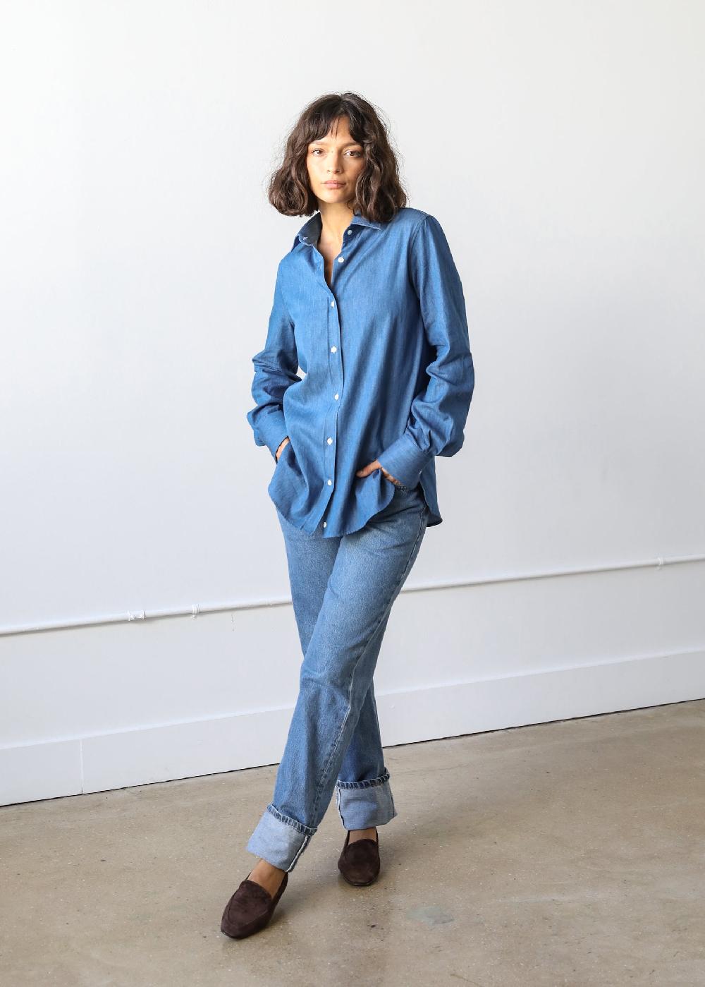 Estella Gemma Button Up Shirt In Denim Twill Cotton