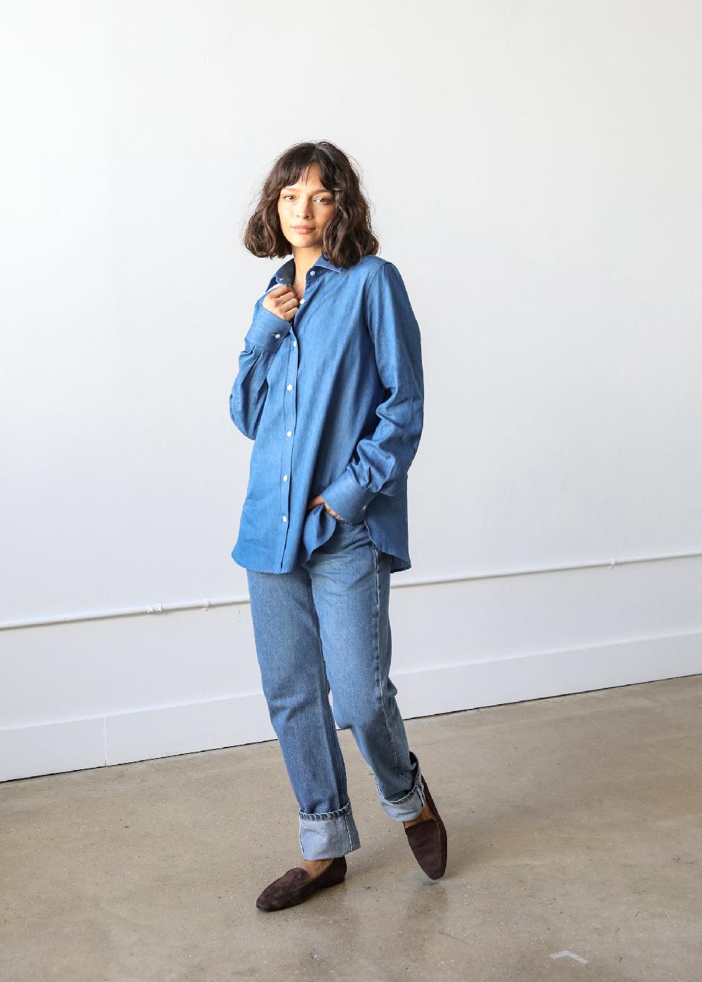 Estella Gemma Button Up Shirt In Denim Twill Cotton