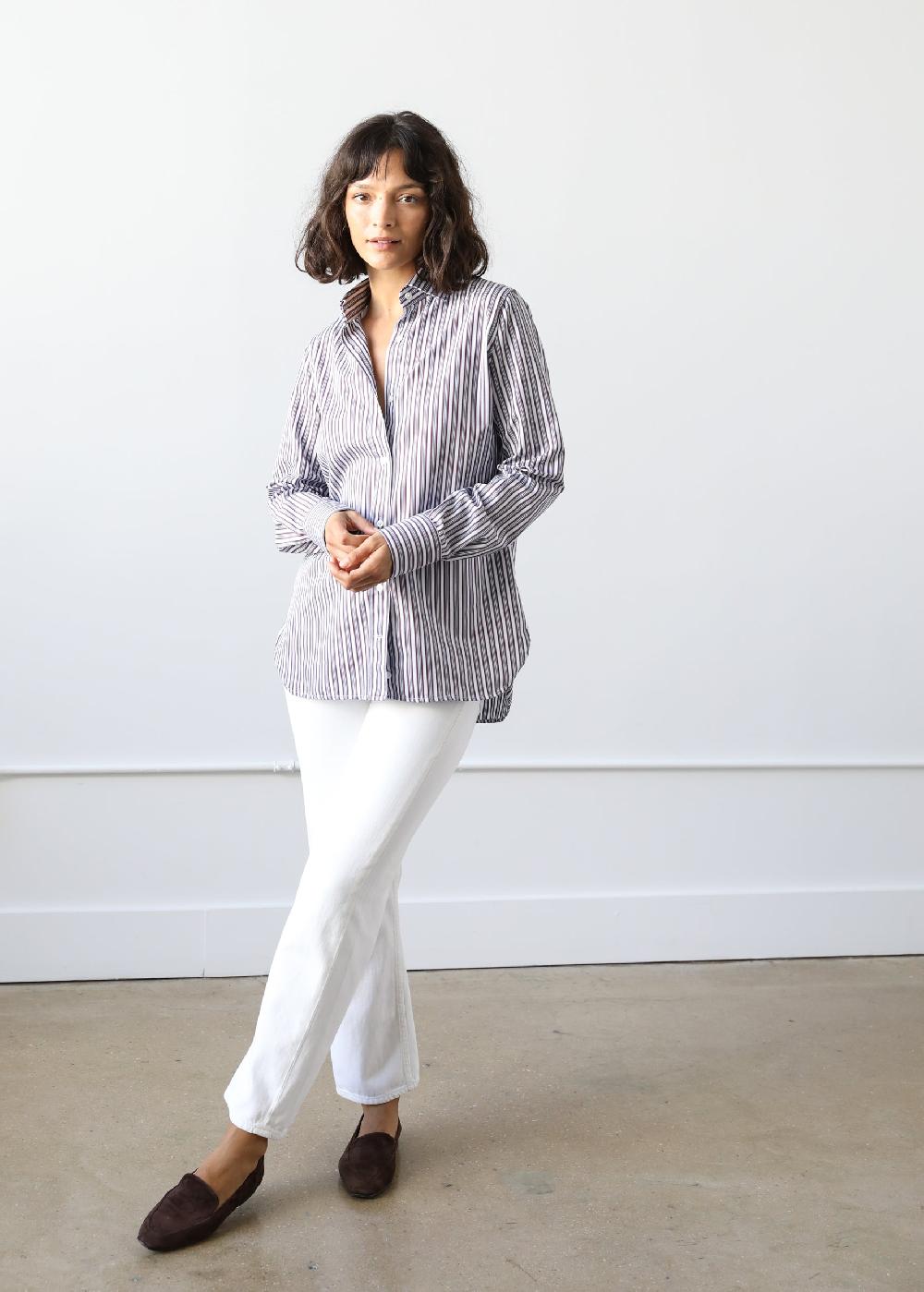 Estella Gemma Button Up Shirt In Maroon Stripe Cotton Poplin