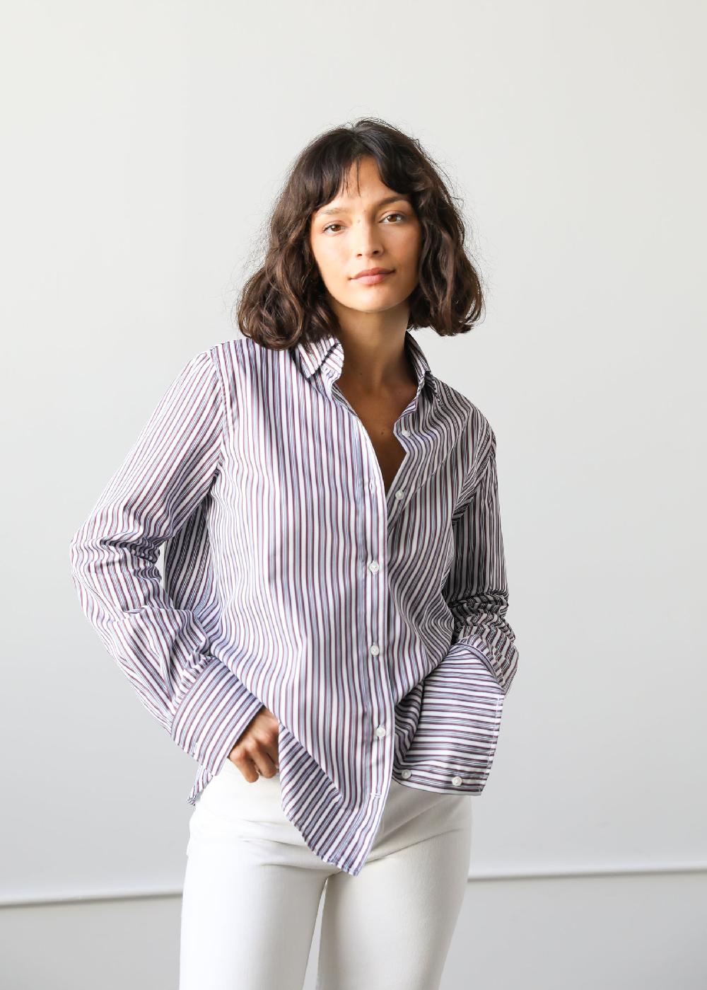 Estella Gemma Button Up Shirt In Maroon Stripe Cotton Poplin