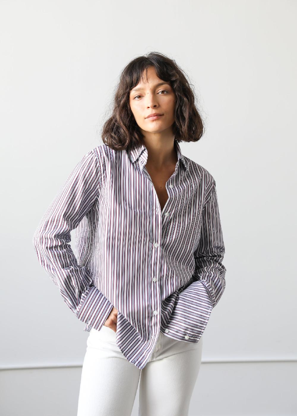 estella Gemma Button Up Shirt in Maroon Stripe Cotton Poplin