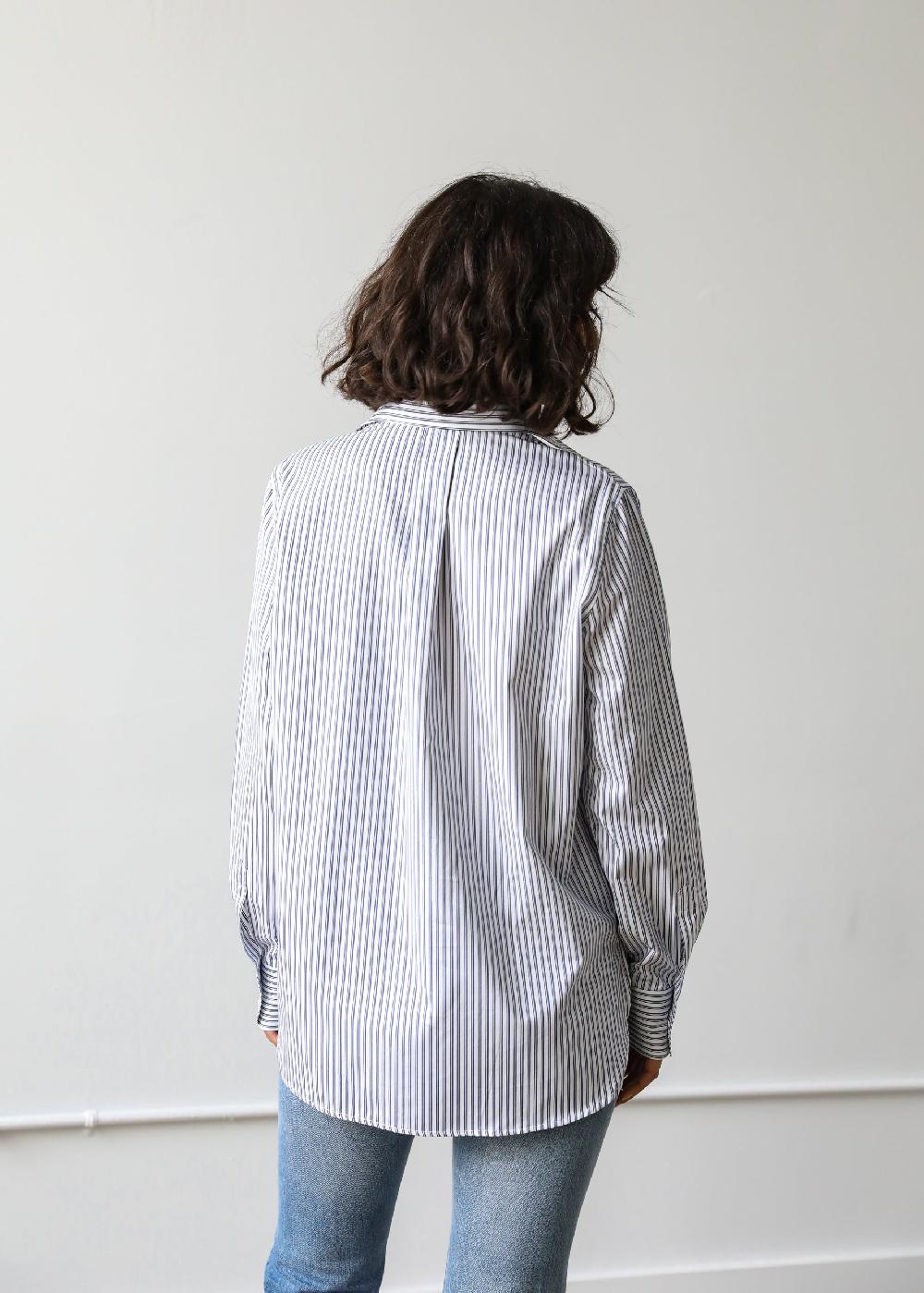 Estella Gemma Button Up Shirt In Mini Blue Stripe Cotton Poplin