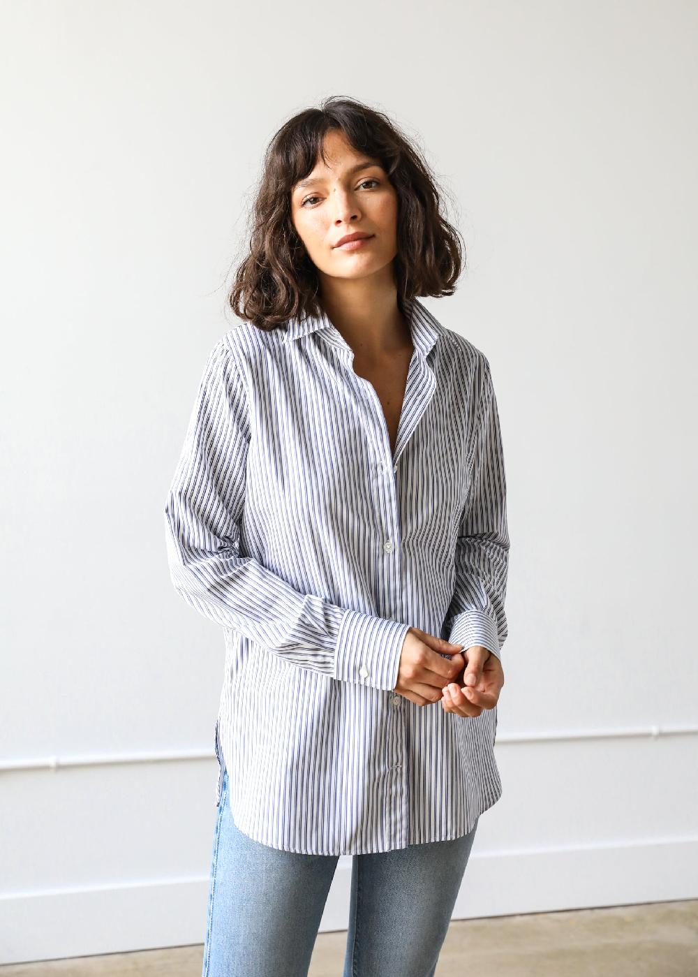 estella Gemma Button Up Shirt in Mini Blue Stripe Cotton Poplin