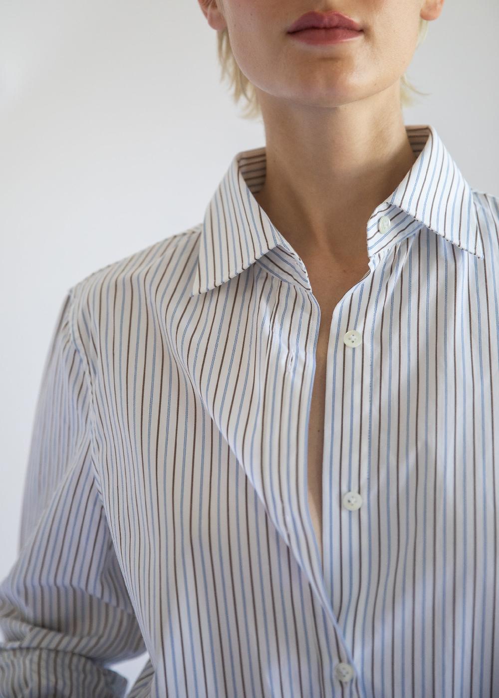 Estella Gemma Button Up Shirt In Mini Stripe Cotton Poplin