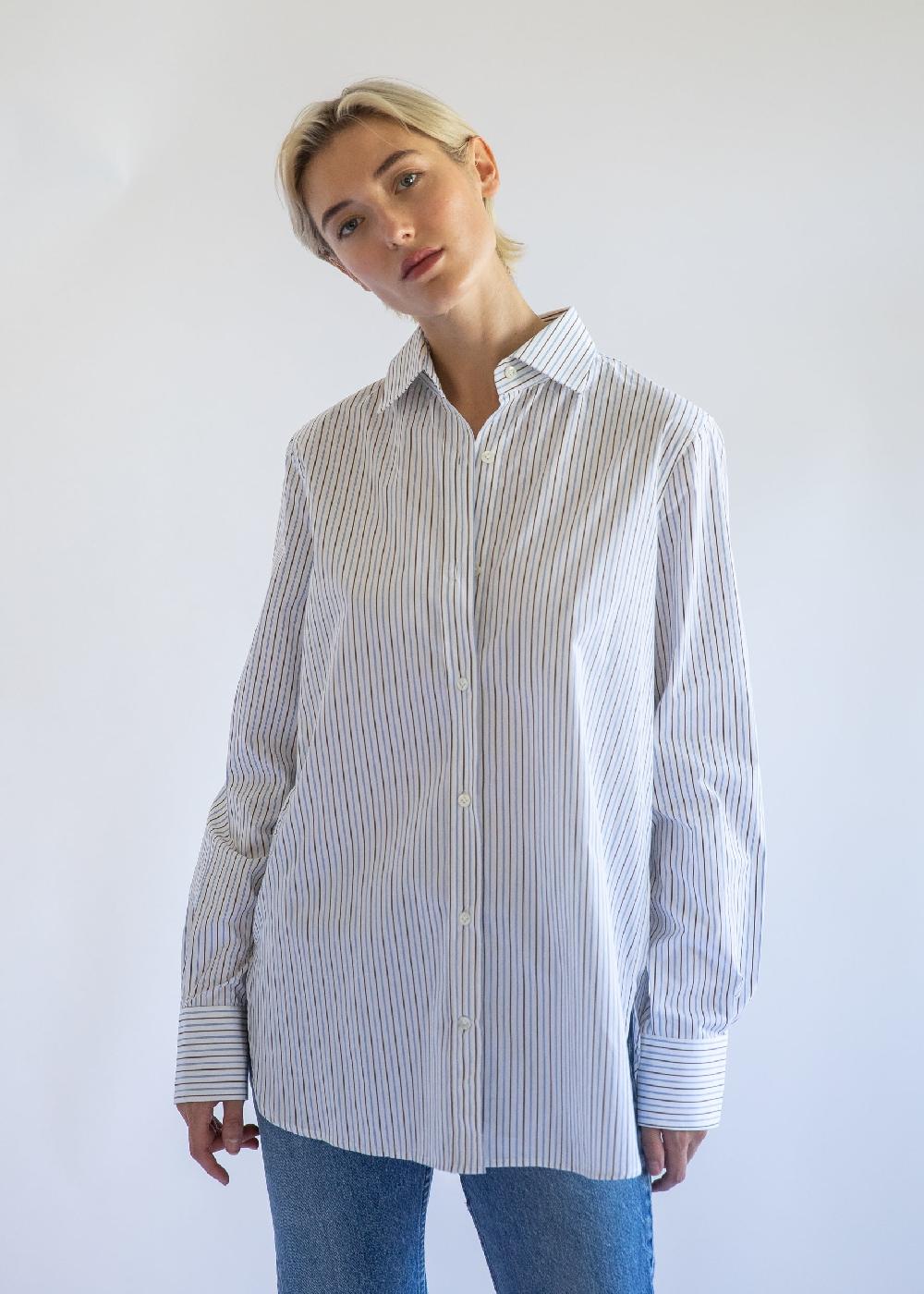 Estella Gemma Button Up Shirt In Mini Stripe Cotton Poplin