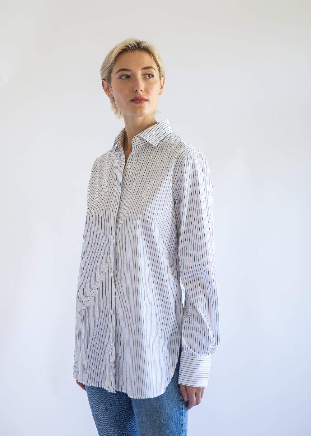 Estella Gemma Button Up Shirt In Mini Stripe Cotton Poplin