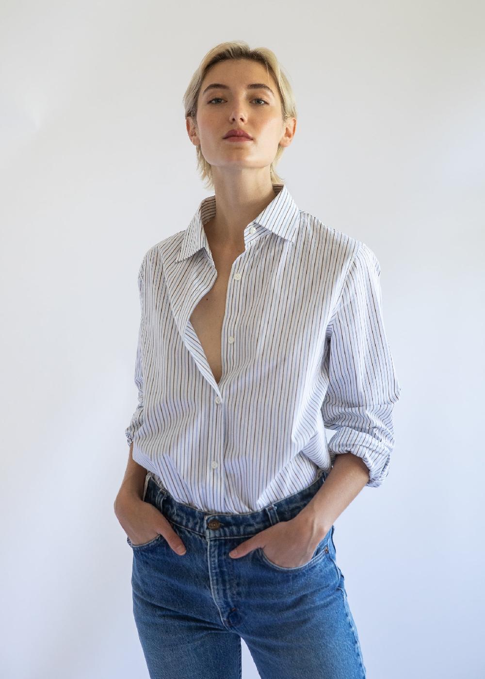 estella Gemma Button Up Shirt in Mini Stripe Cotton Poplin
