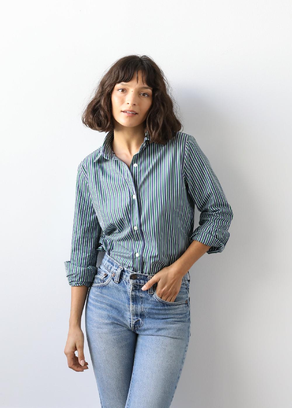 Estella Gemma Button Up Shirt In Pine Stripe Cotton Poplin