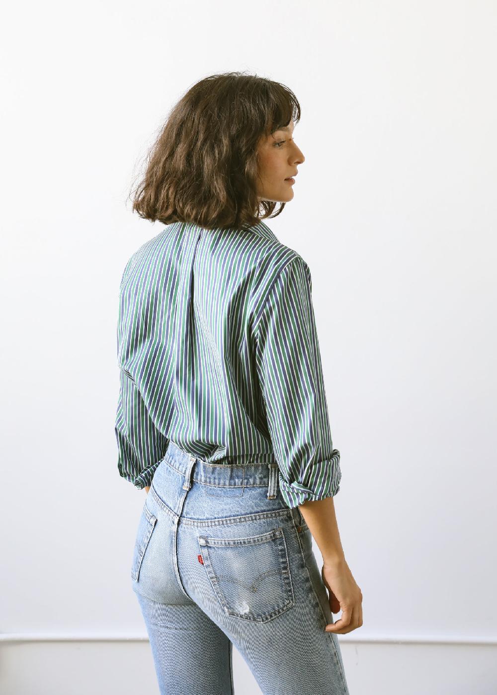 Estella Gemma Button Up Shirt In Pine Stripe Cotton Poplin