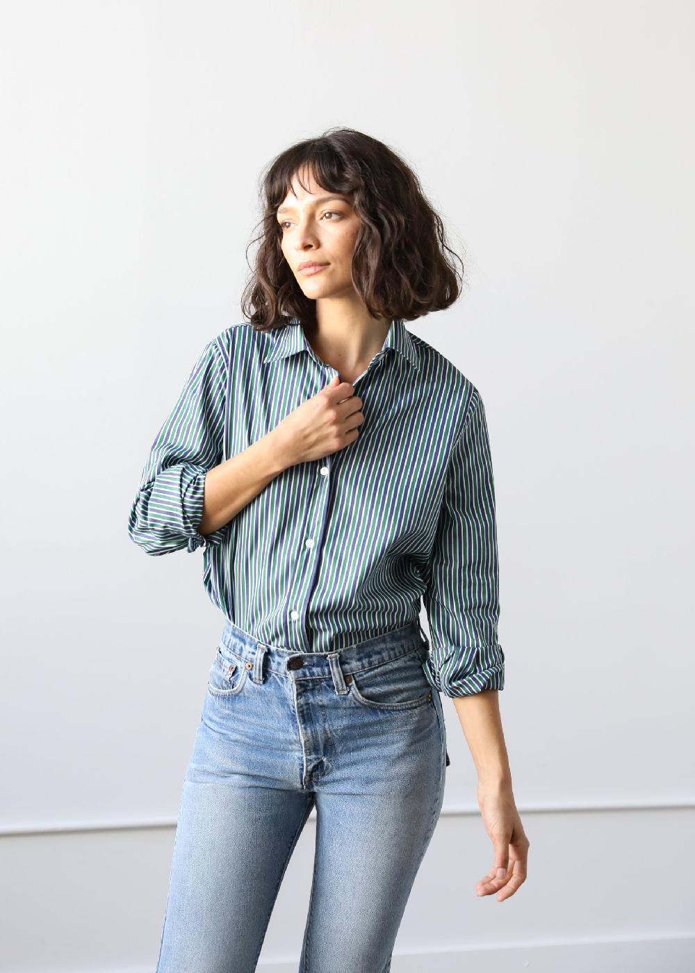 Estella Gemma Button Up Shirt In Pine Stripe Cotton Poplin