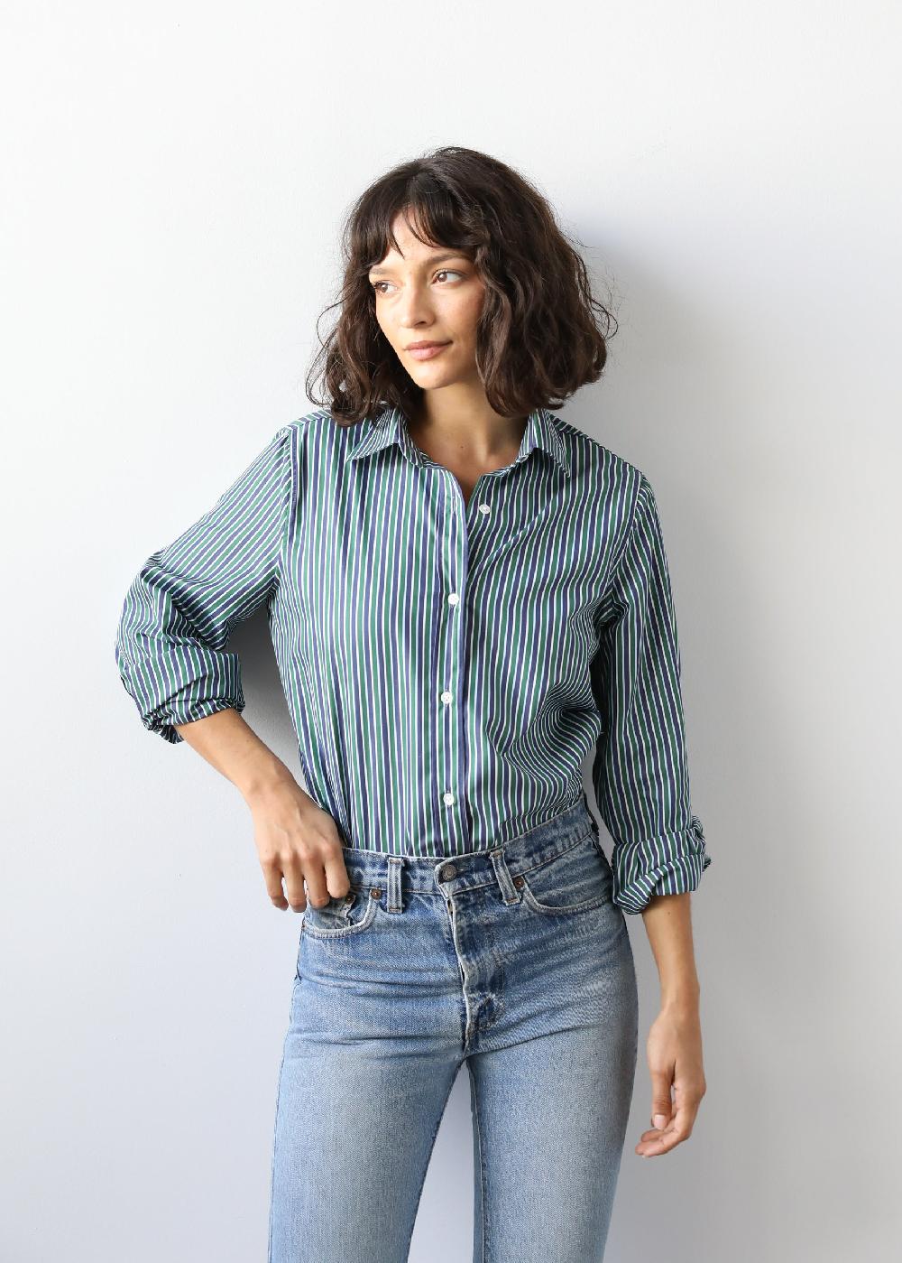 estella Gemma Button Up Shirt in Pine Stripe Cotton Poplin