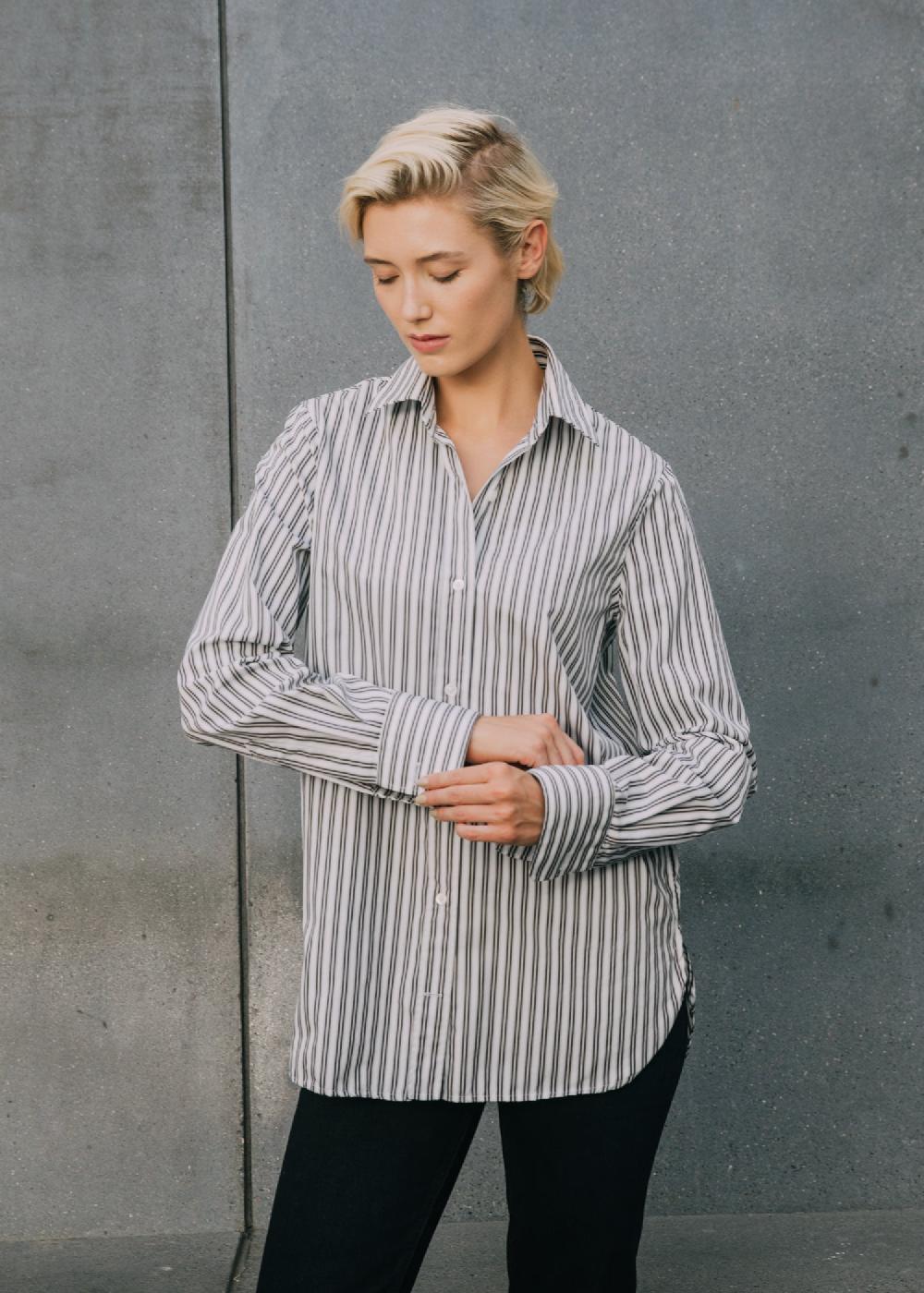 Estella Gemma Button Up Shirt In Toffee Stripe Cotton Poplin