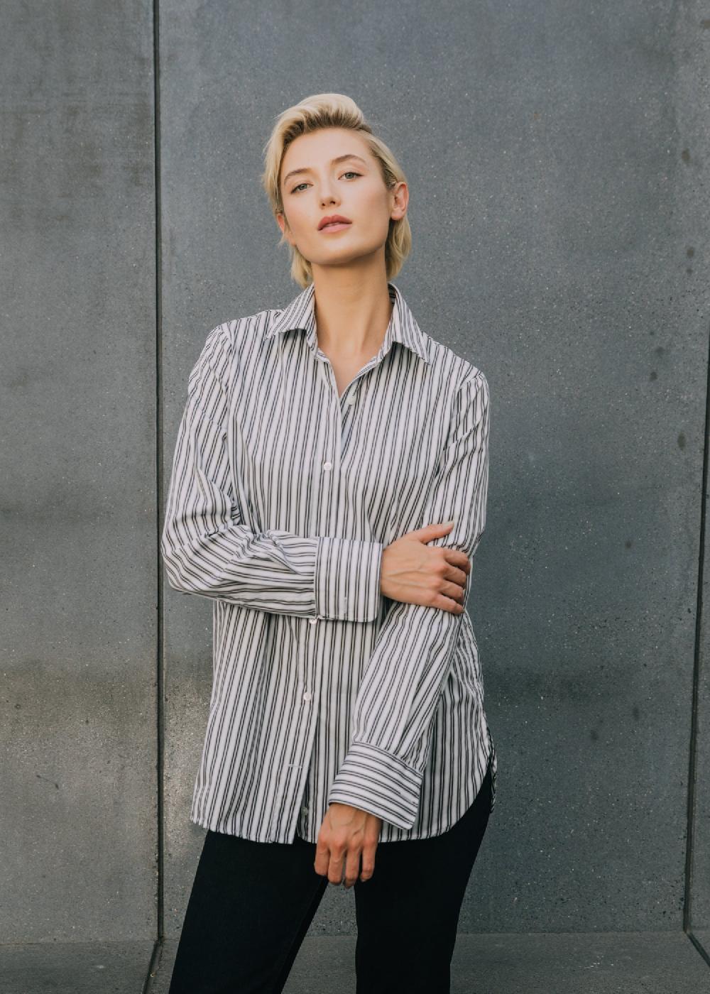 estella Gemma Button Up Shirt in Toffee Stripe Cotton Poplin