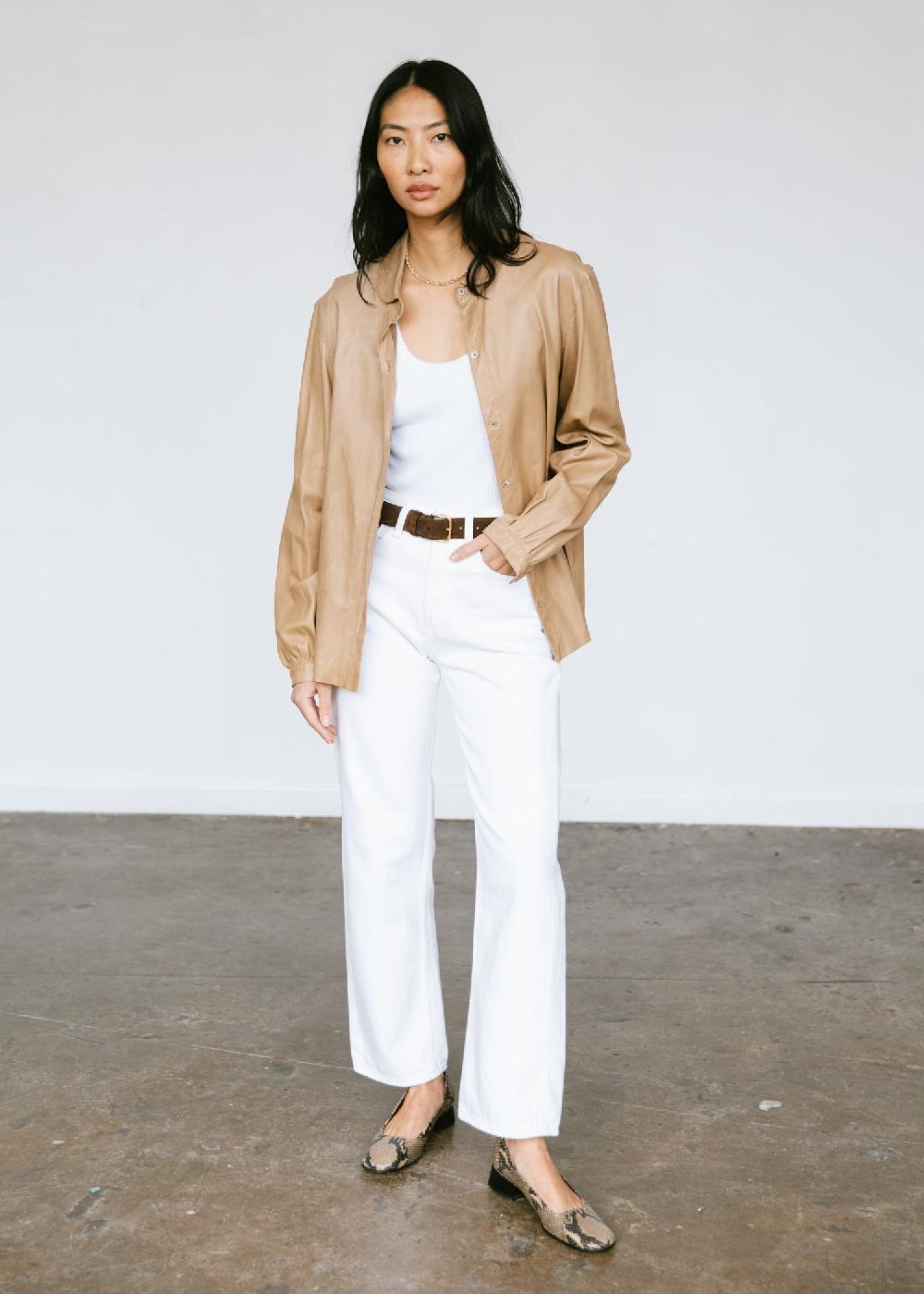 estella Vintage 1970s Calvin Klein Buttery Soft Leather Shirt Jacket in Camel