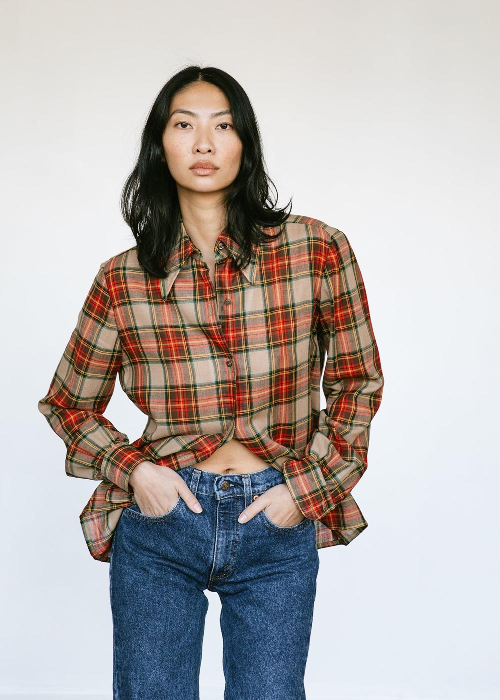 Estella Vintage 1970s Calvin Klein Plaid Button Down Shirt In Red Brown