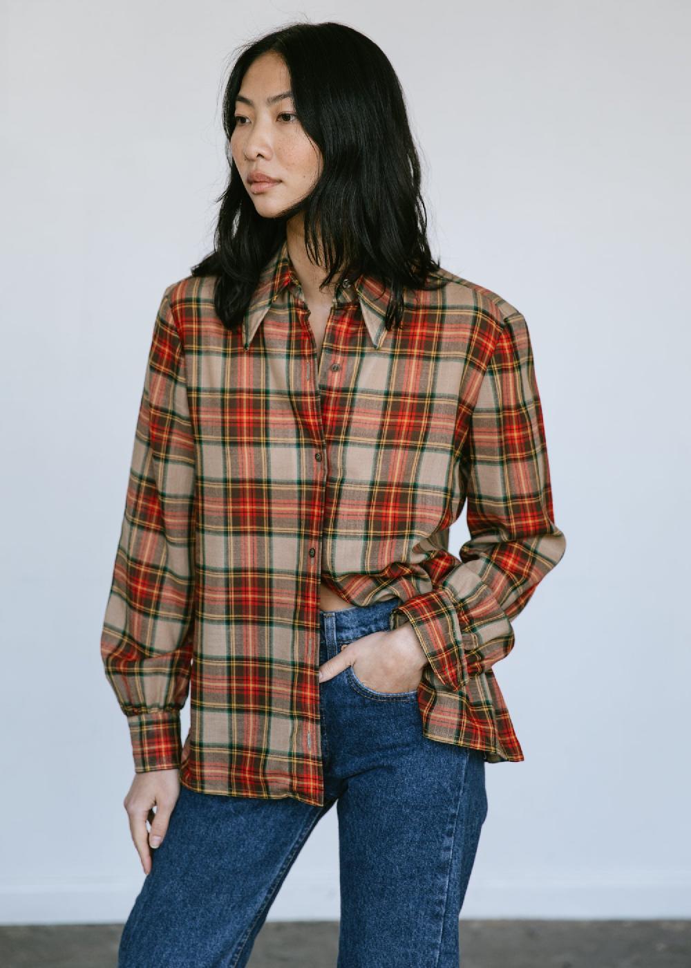 Estella Vintage 1970s Calvin Klein Plaid Button Down Shirt In Red Brown