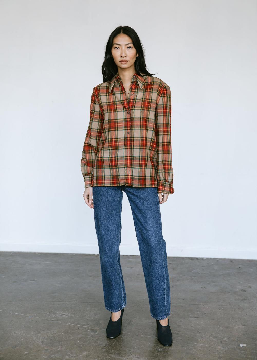Estella Vintage 1970s Calvin Klein Plaid Button Down Shirt In Red Brown