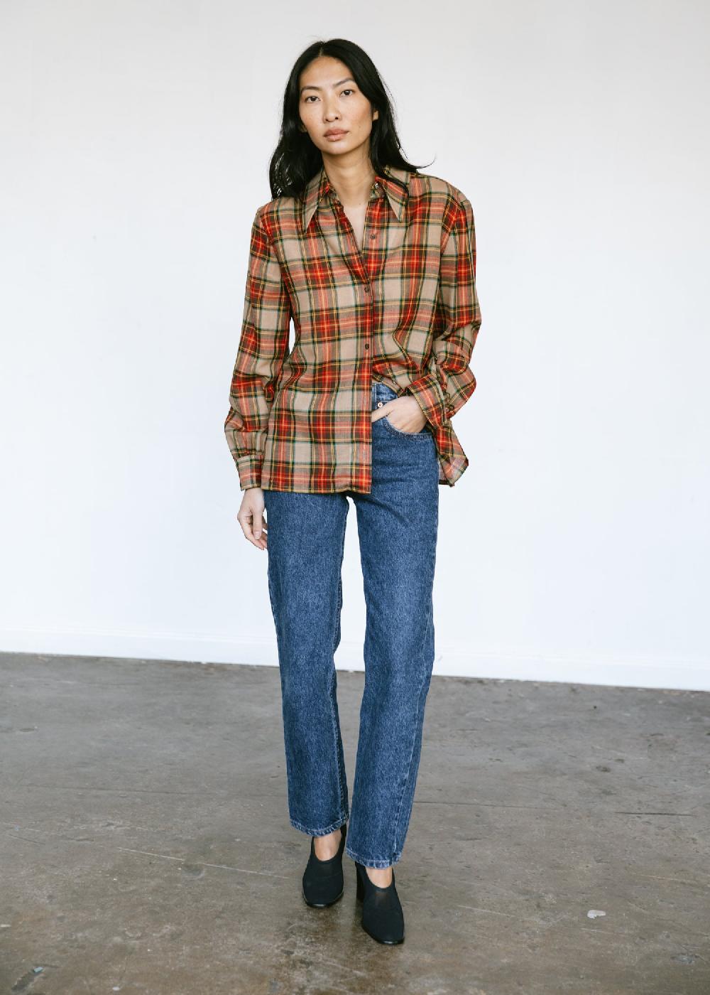 estella Vintage 1970s Calvin Klein Plaid Button Down Shirt in Red Brown