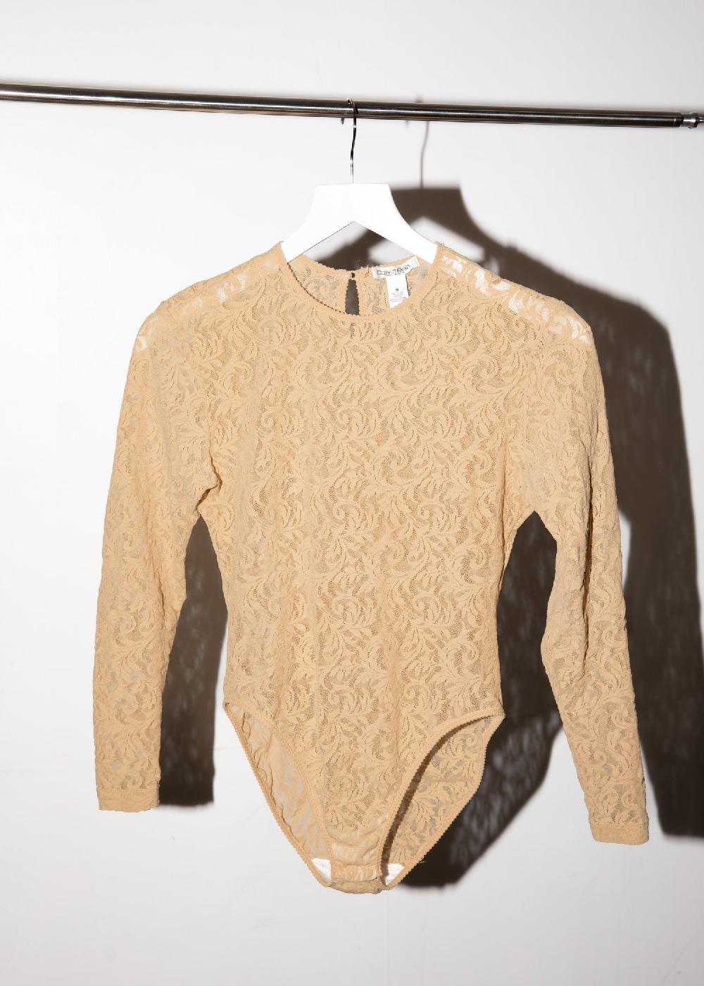 estella Vintage 1990s Calvin Klein Long Sleeve Lace Bodysuit in Nude