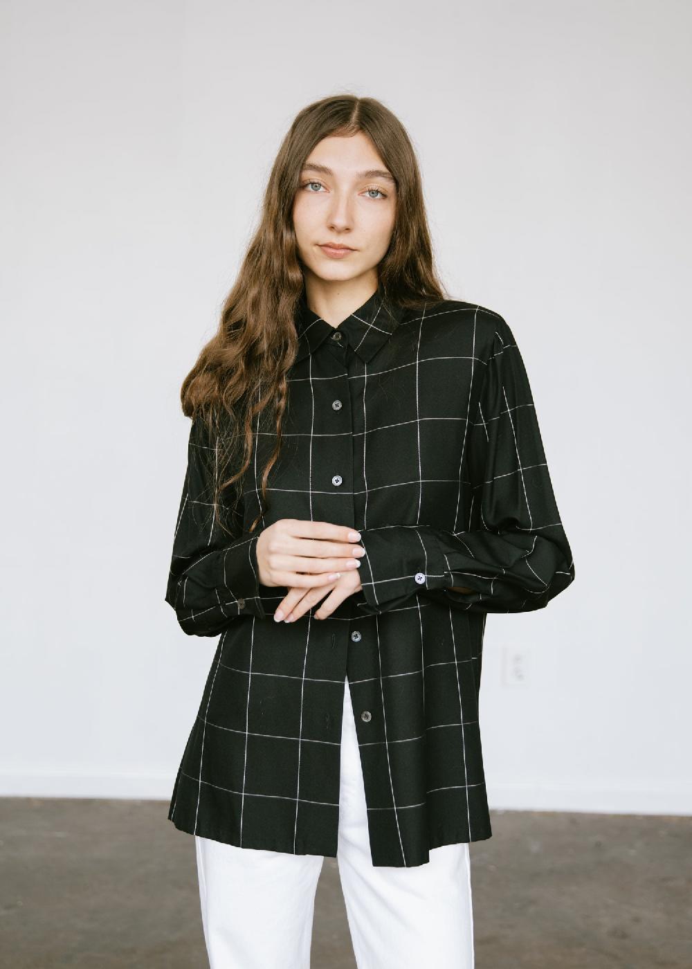 Estella Vintage 1990s Ellen Tracy Silk Blouse In Black And White Windowpane