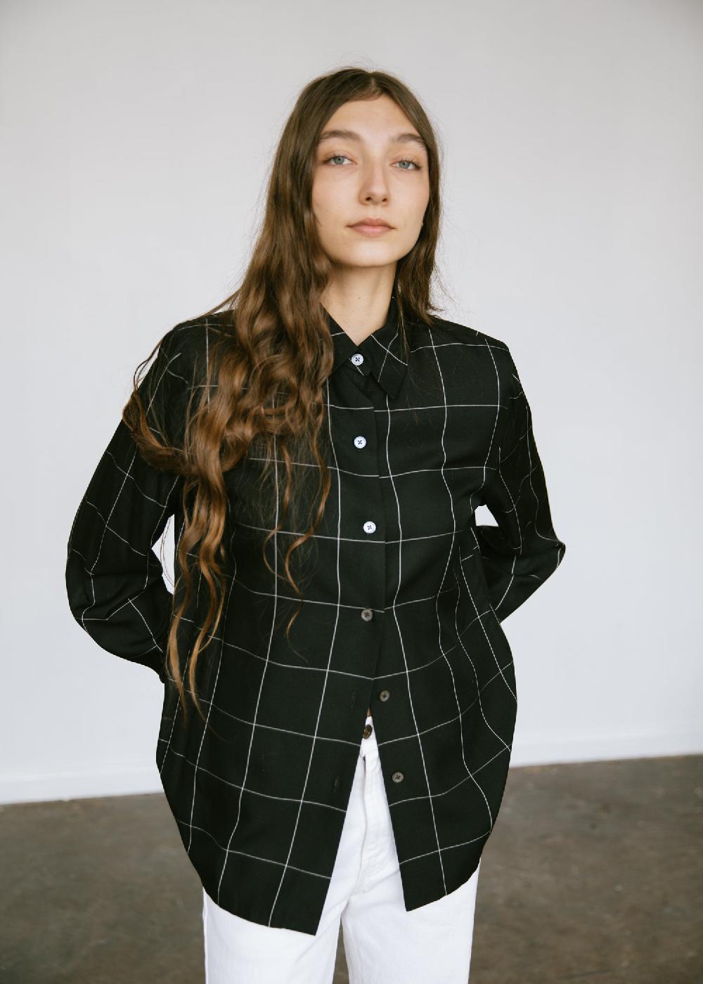 estella Vintage 1990s Ellen Tracy Silk Blouse in Black and White Windowpane