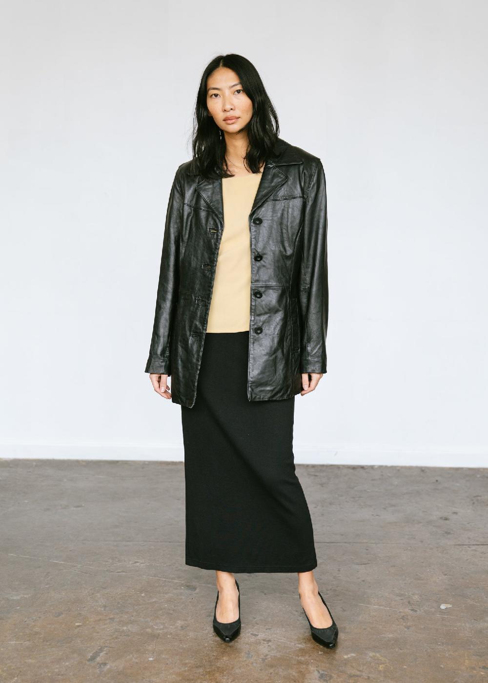 estella Vintage 1990s Leather Button Up Jacket in Black