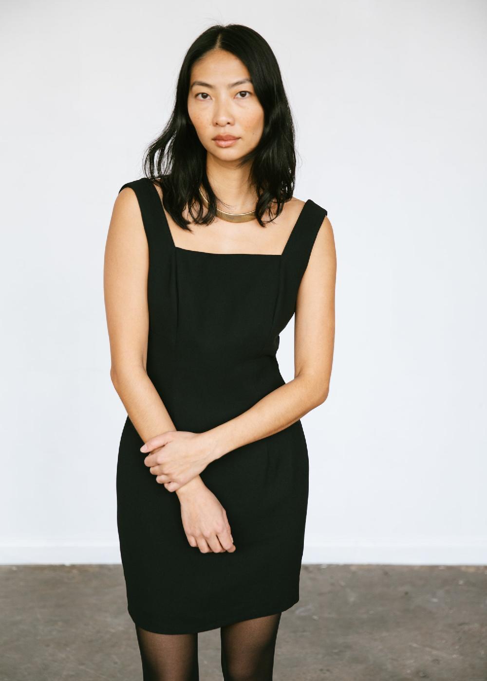 Estella Vintage 1990s Minimalist Little Black Dress With Square Neckline In Black