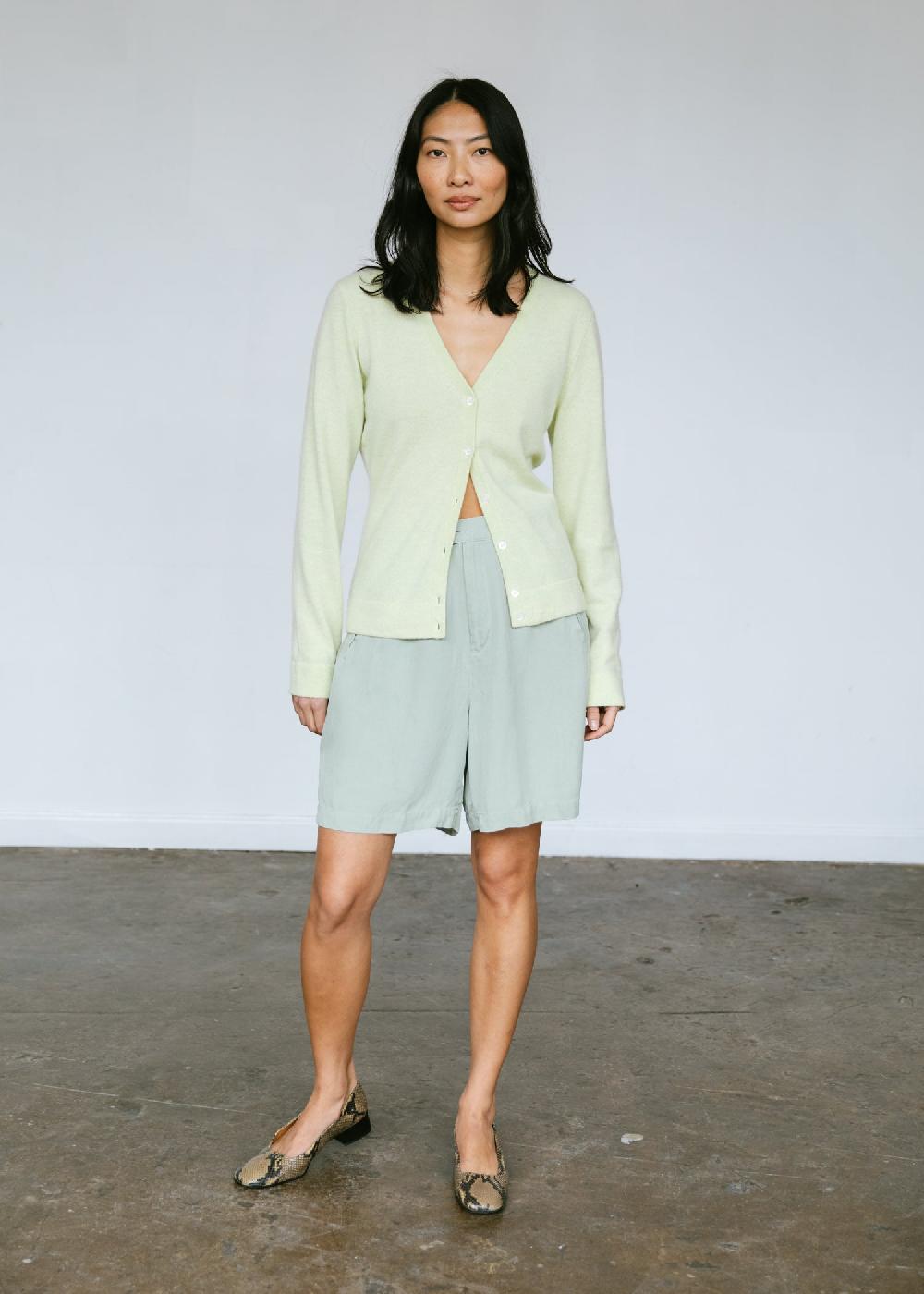 estella Vintage 1990s Silk Pleated High Rise Shorts in Sage Green