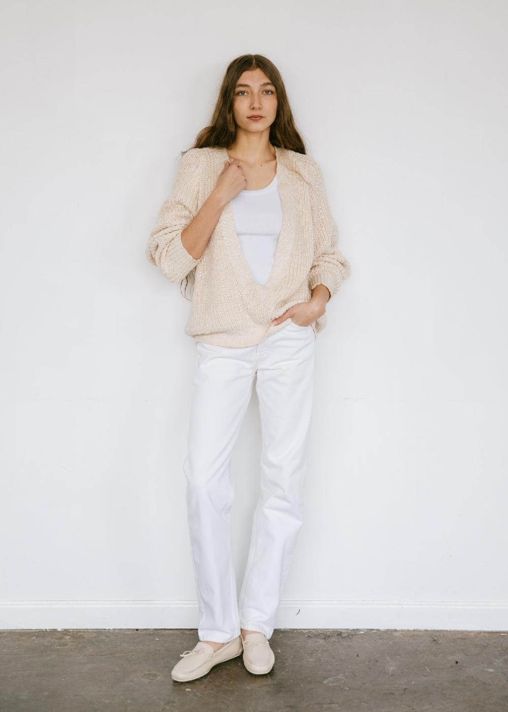 Estella Vintage 1990s Zoran Chunky Knit Deep V-Neck Sweater In Cream Silk