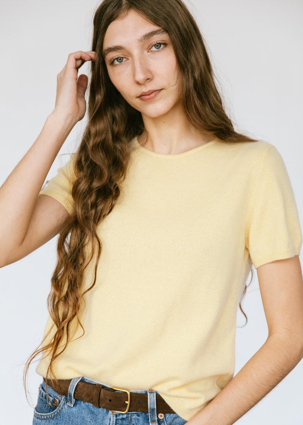 Estella Vintage Short Sleeve Cashmere Sweater In Butter Yellow