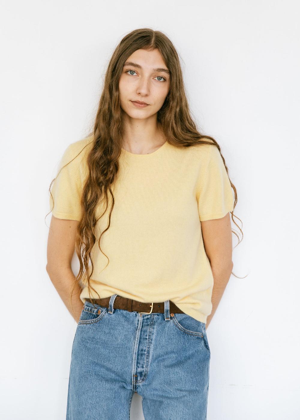 estella Vintage short sleeve cashmere sweater in butter yellow