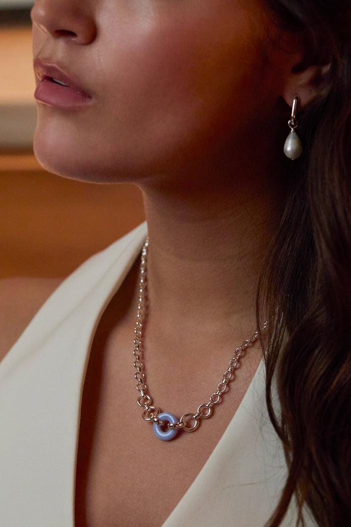 Estella Bartlett Blue Lace Agate Graduated Round Link Chain Necklace Silver Plated | Blue Lace Agate