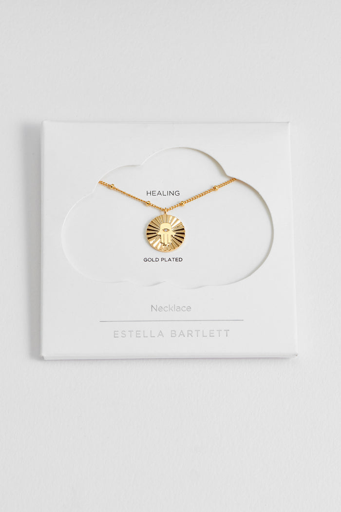 estella bartlett Boho Hamsa Hand Coin Necklace Gold Plated Packaging Message: Healing