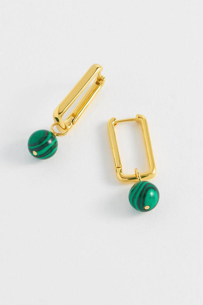 estella bartlett Charm Drop Square Hoops Gold Plated | Malachite
