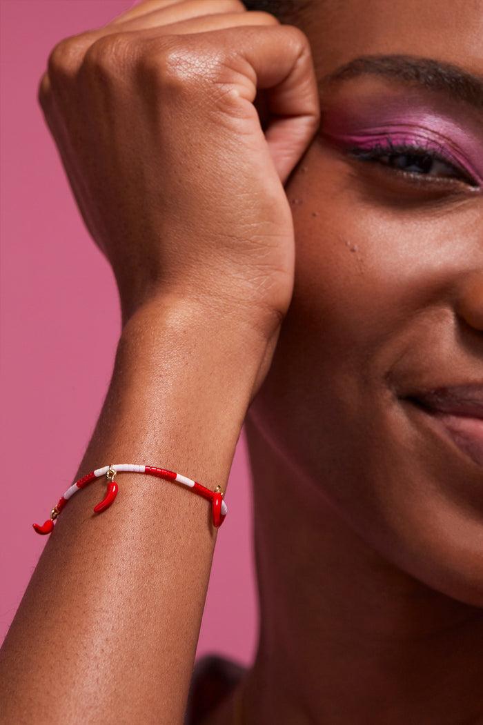 Estella Bartlett Chilli Miyuki Bracelet Gold Plated | Red And Pink Packaging Message: Hot Stuff