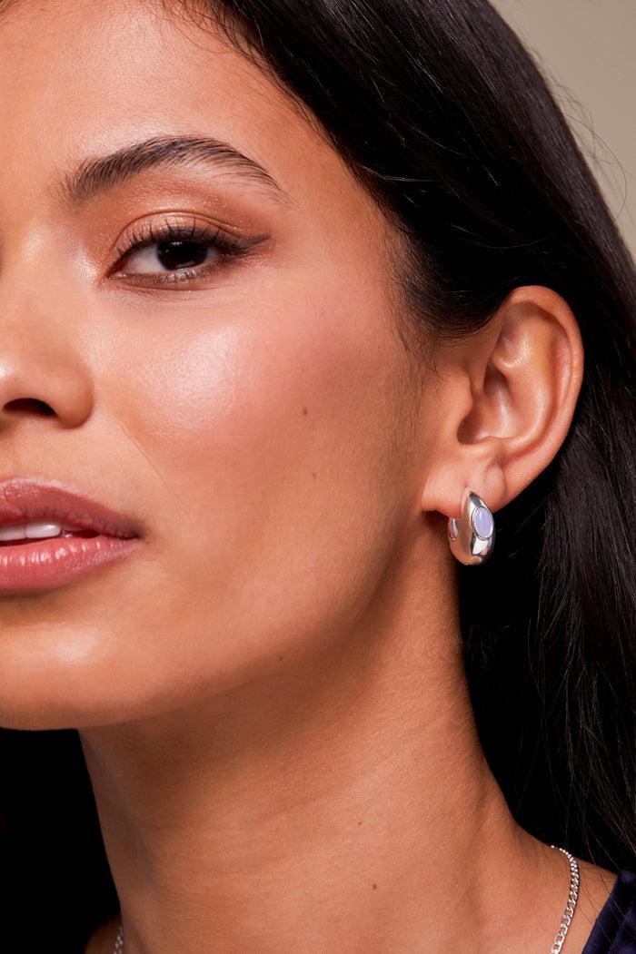 Estella Bartlett Chunky Gemstone Hinge Hoops Silver Plated | Blue Lace Agate