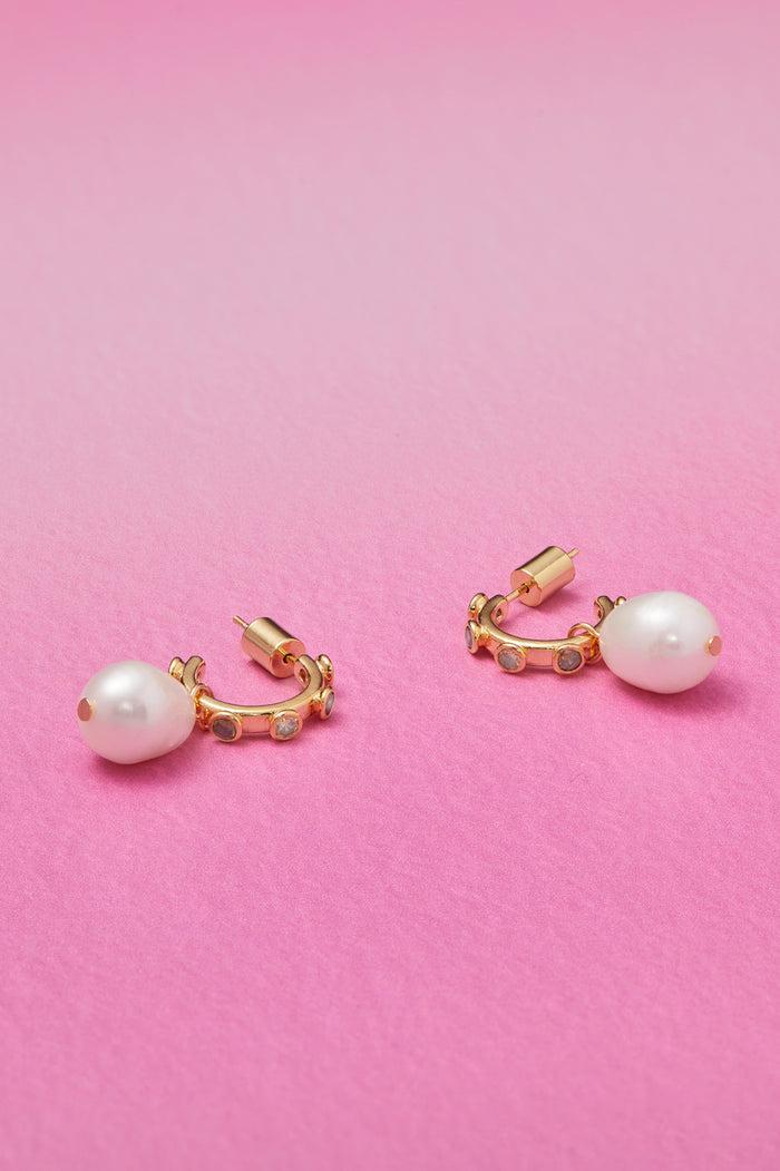 Estella Bartlett CZ Pearl Drop Hoops Gold Plated | Pearl