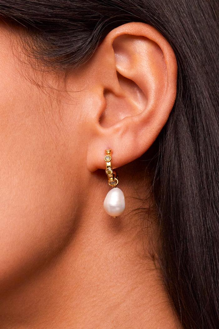 Estella Bartlett CZ Pearl Drop Hoops Gold Plated | Pearl