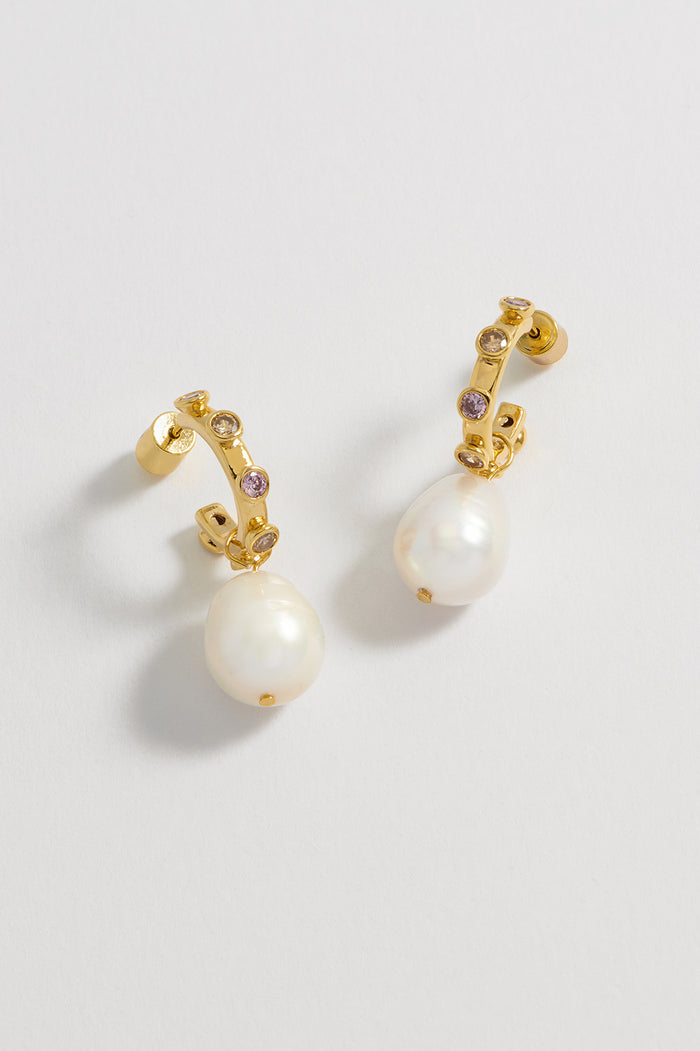 estella bartlett CZ Pearl Drop Hoops Gold Plated | Pearl