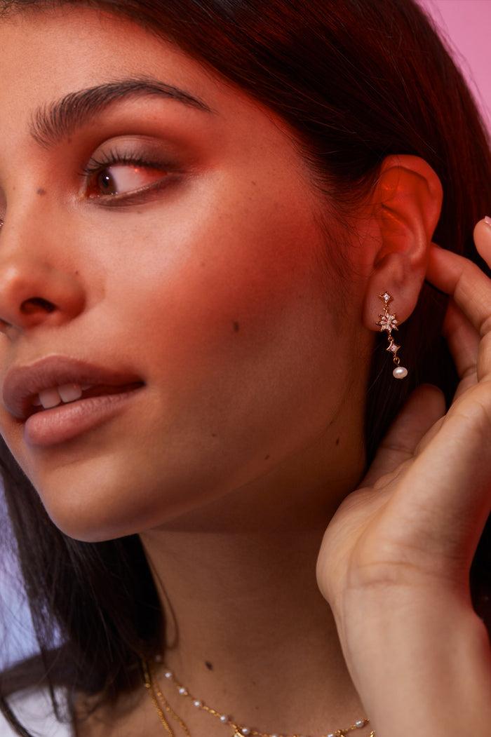 Estella Bartlett CZ Star Pearl Drop Earrings Gold Plated | Pearl